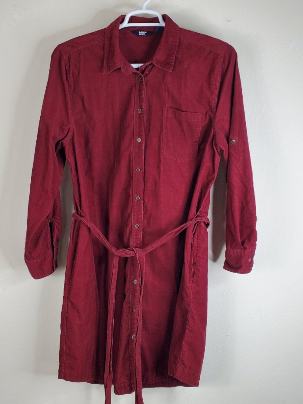 Lands’ End Corduroy Shirt Dress Burgundy Button Front Belted Waist Women’s Size